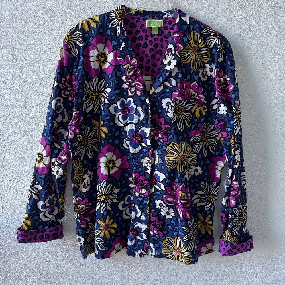 Vera Bradley African Violet Print Pajama Top Size XL Button Up Cotton Floral